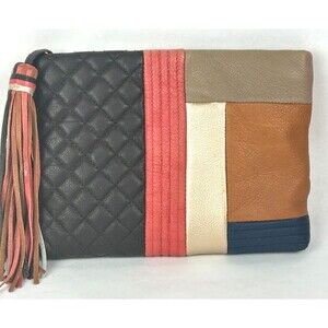 Margot New York Leather Black Pink Tan Colorblock Clutch Bag Purse Large Tassel